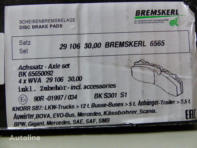 тормозная колодка Bremsbelagsatz WVA 29106 Knorr SB 7000 65650092 для грузовика